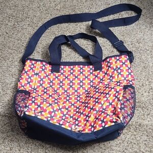 Thirty-One Colorful Floral Tote with Navy Straps And Crossbody Strap